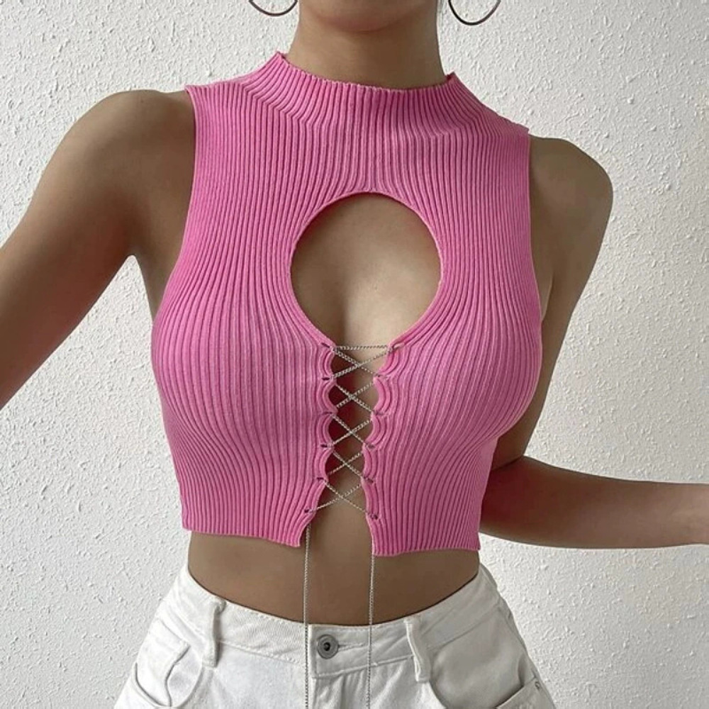 Zara Solid Cutout Strappy Cropped Knit Tank Top